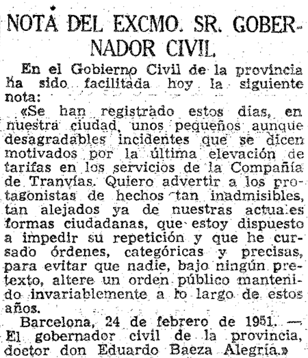 La Vanguardia 25 de febrero 1951. Amenazas del gobernador civil a la población.