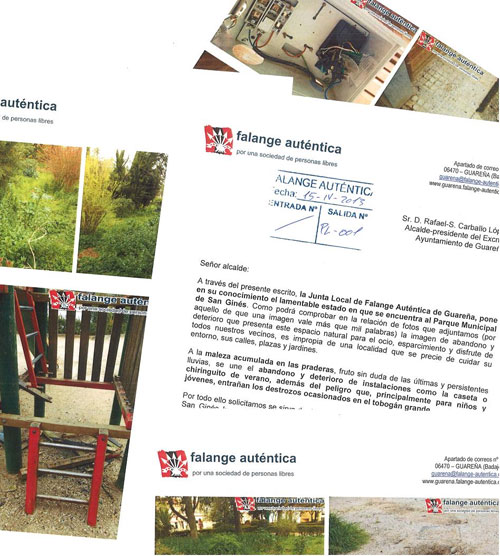Imagen del escrito presentado por Falange Auténtica, junto al dossier fotográfico que muestra el deterioro del Parque de San Ginés.
