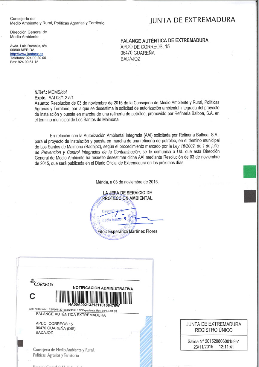Comunicación oficial del No a la refinería en Tierra de Barros