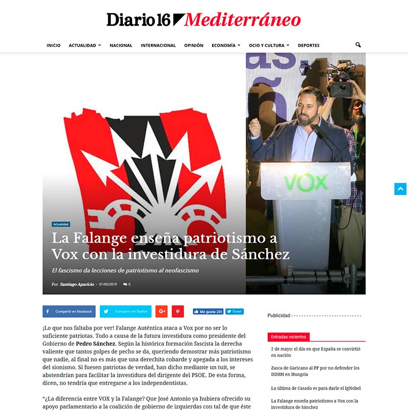 Noticia de Diario16 "Falange Autentica enseña patriotismo a Vox con la investidura de Sánchez"