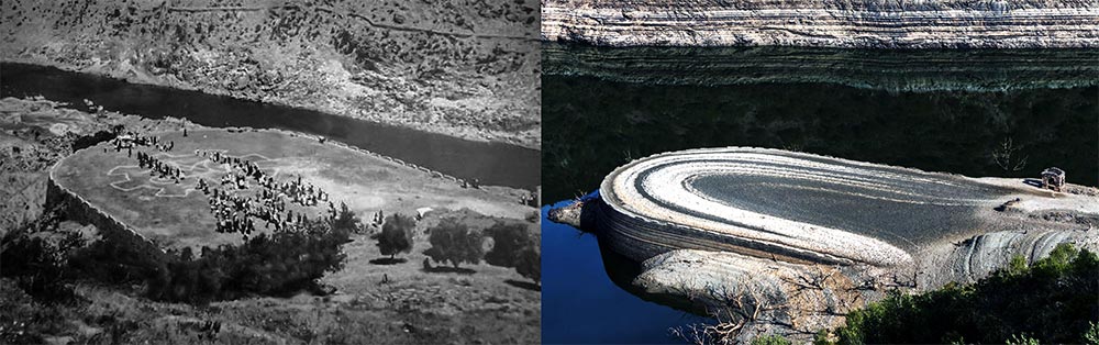 Puerto fluvial de Herrera de Alcántara, hace 50 años, y ahora emergido por primera vez en todo este tiempo.